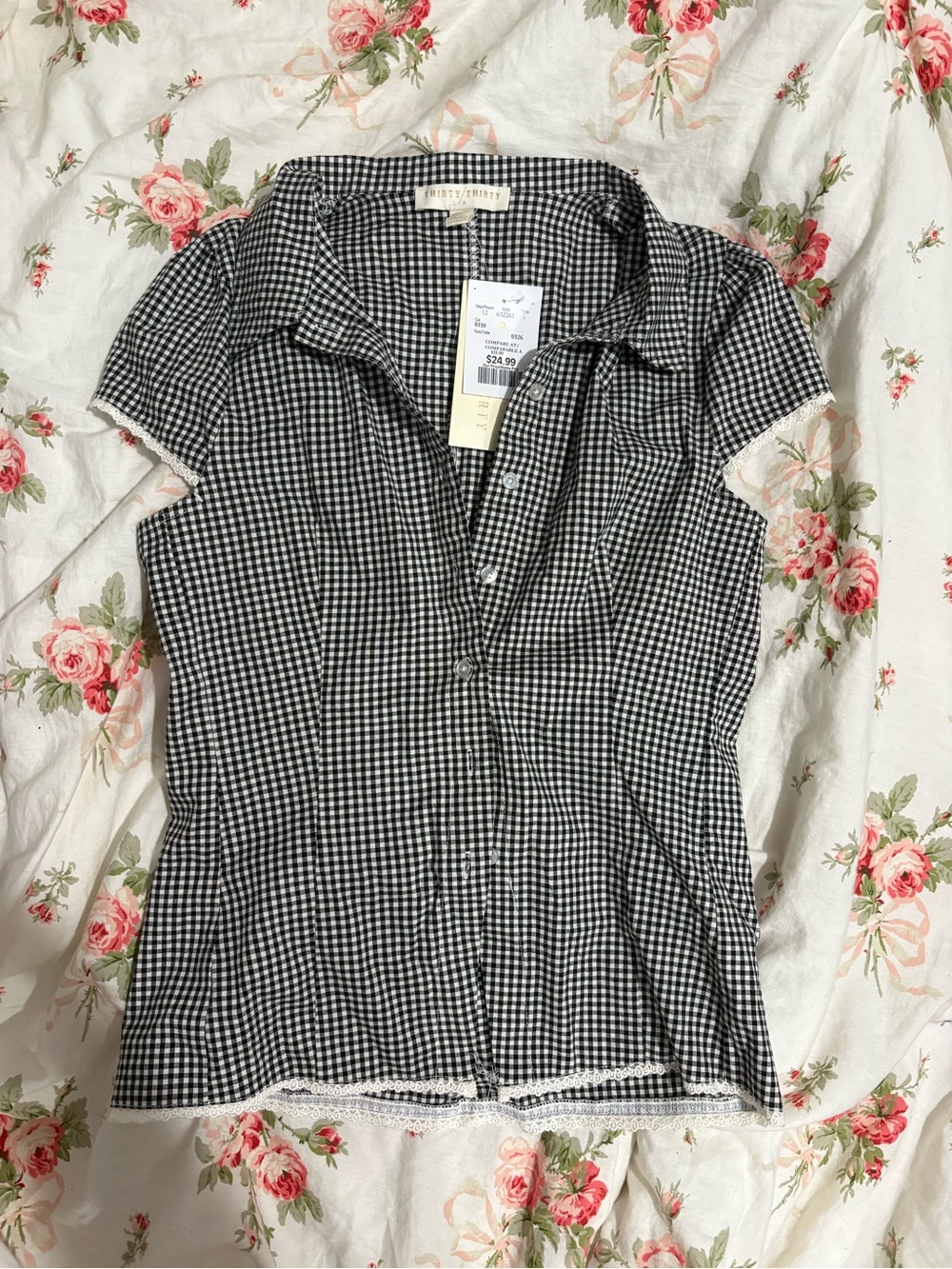 Lace-Trimmed Gingham Button Up Shirt